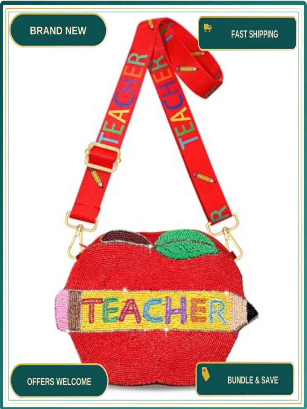 Beaded Teacher Crossbody Purse for Women Funny Pencil Shoulder Bag